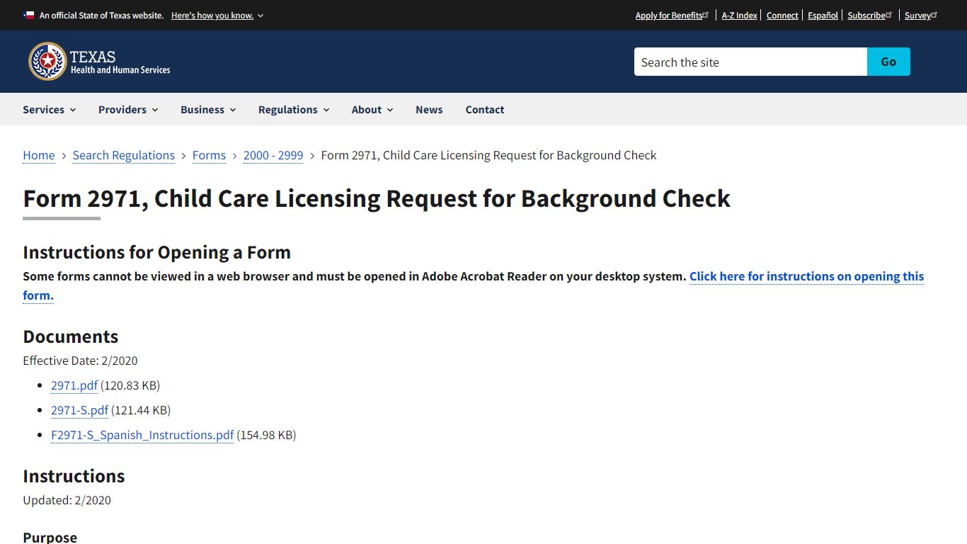 Form 2971, Child Care Licensing Request for Background Check